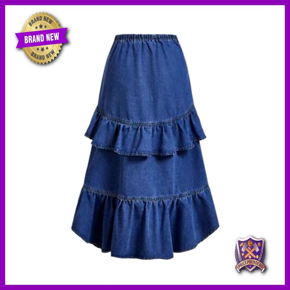 Plus Size Denim Midi Skirt, Y2K Asymmetrical Ruffle Layered, High Waist - Picture 2 of 4